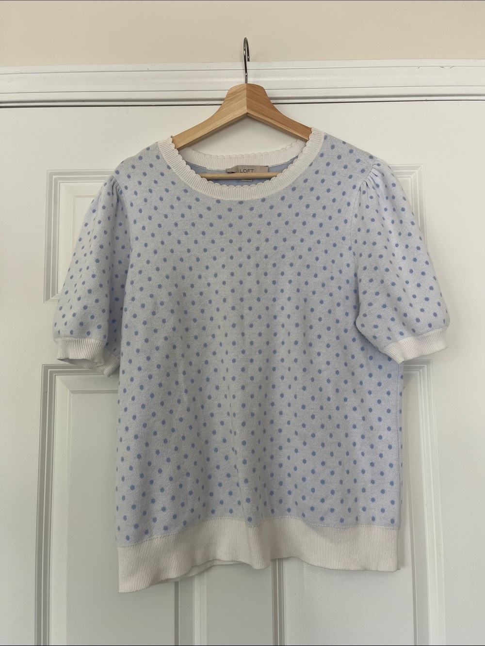 LOFT Cream Knit Puff Sleeve Top with Light Blue Polka Dots